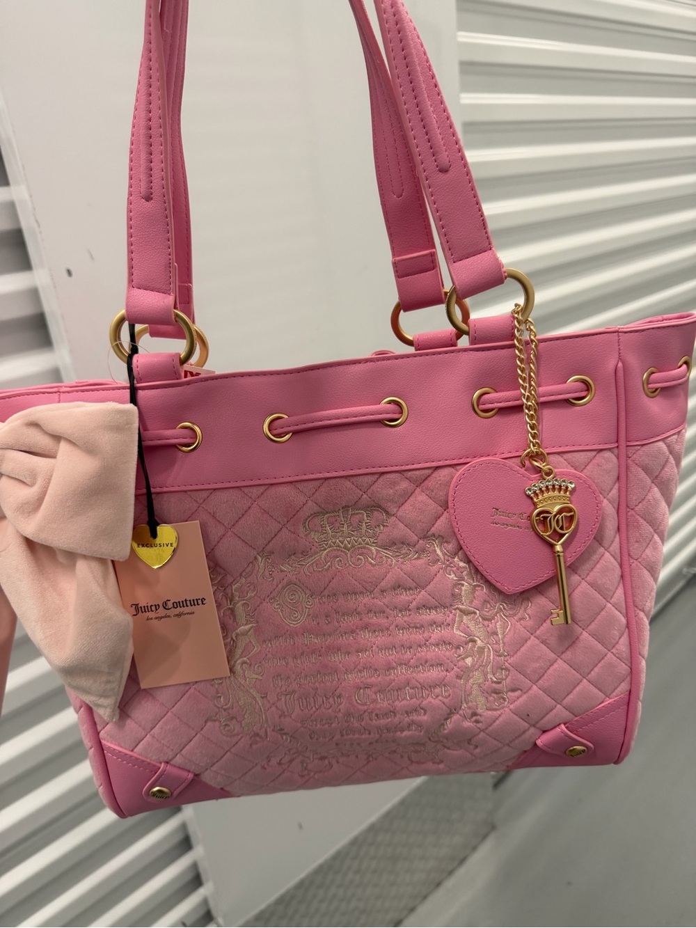 Juicy Couture Pink Quilted Tote with Gold Heart Key Charm and Bow